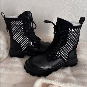Black Combat Boots with Silver Studded Star Accent